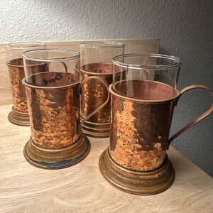 RARE Vintage Set of 4 Mexican Cappuccino Copper and Glass Mugs Set